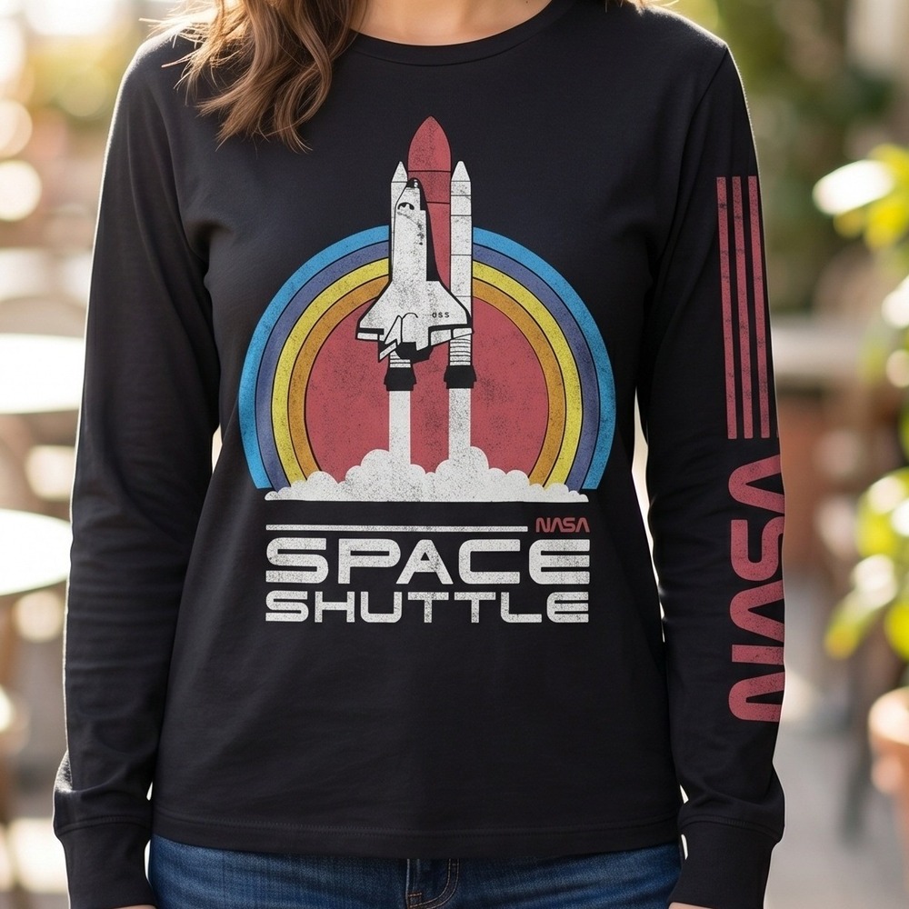 Old Navy NASA Space Shuttle‎ Rainbow Graphic Long Sleeve Tee Charcoal Black L
